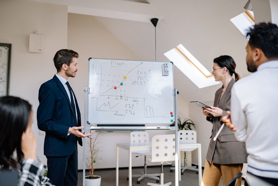 A group of professionals discussing a timeline drawn on a whiteboard