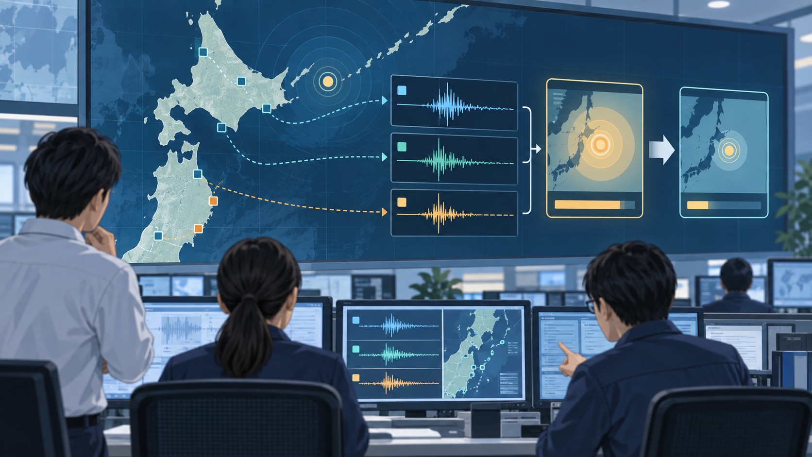 地震波の観測情報を照合する監視室を描いた概念図