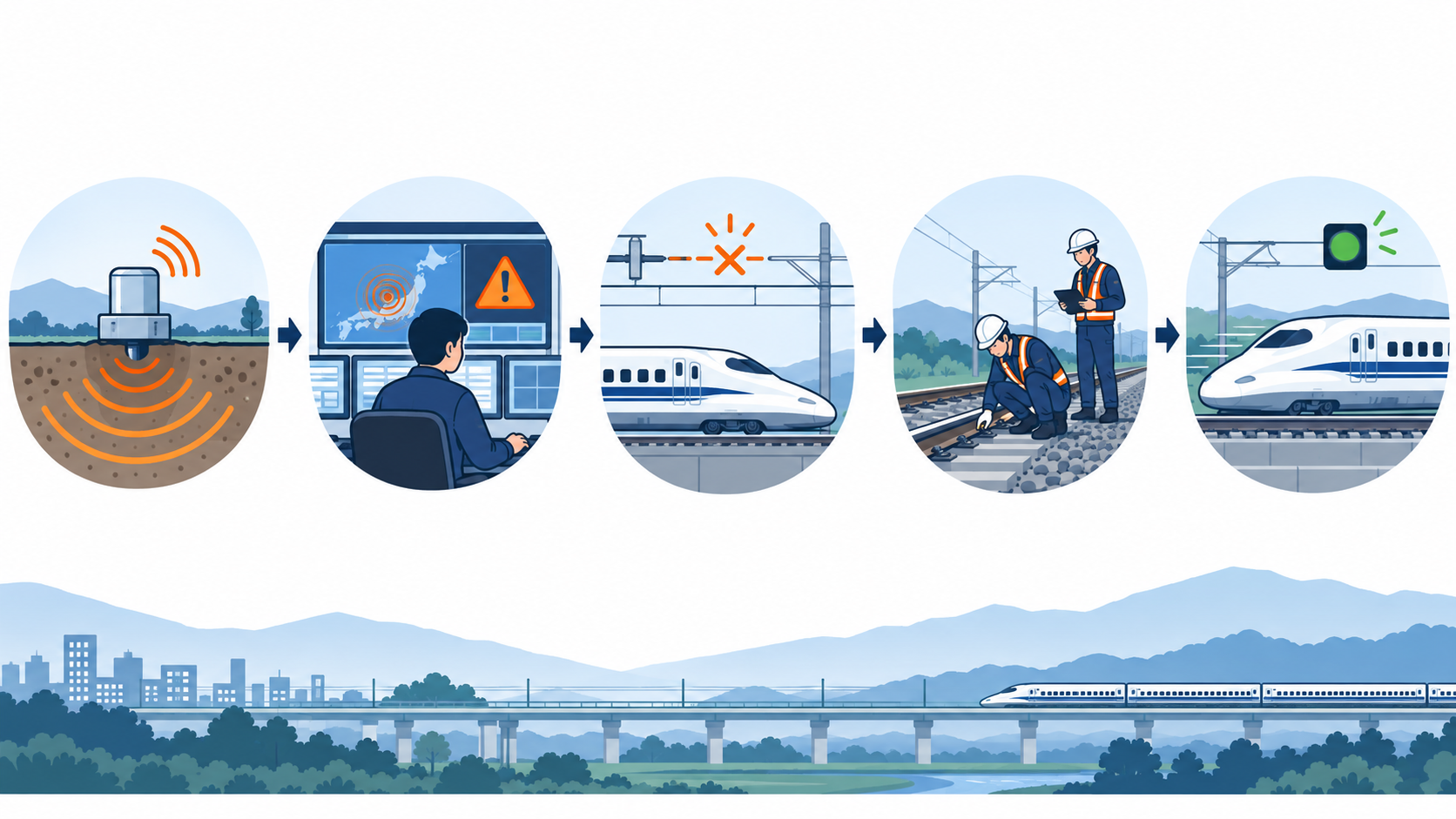 緊急地震速報を受けて新幹線の送電が停止し、安全確認後に運転を再開する流れ