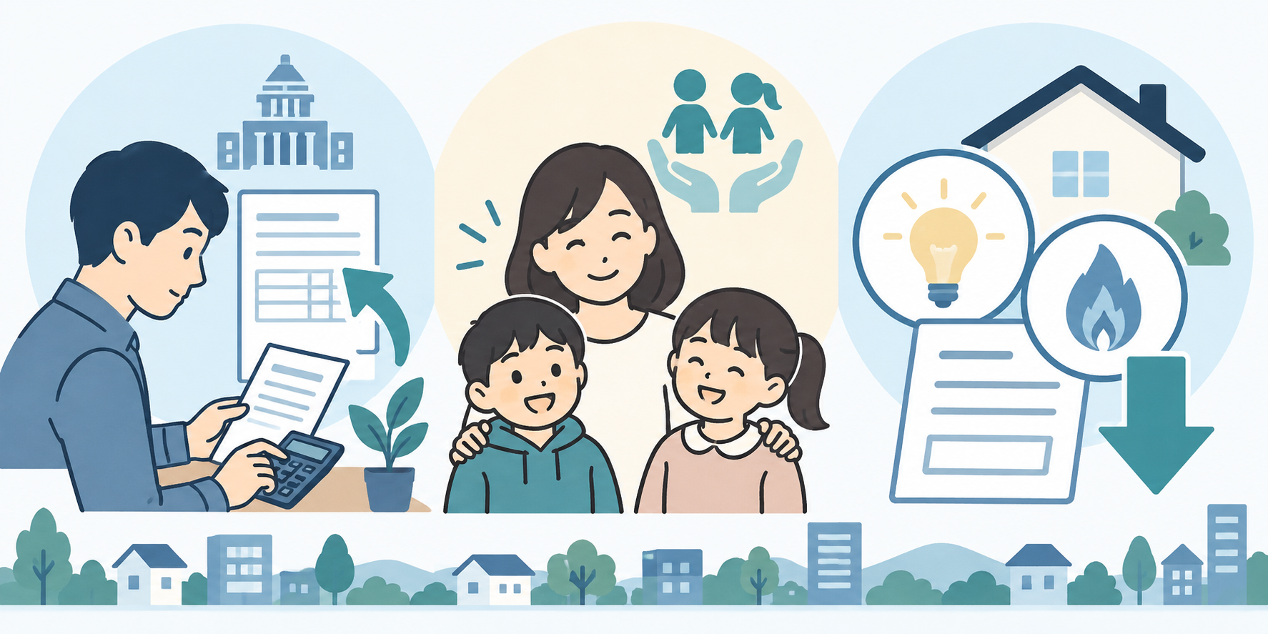 年末調整の税負担軽減、子ども支援、電気・ガス料金支援を示す比較イラスト
