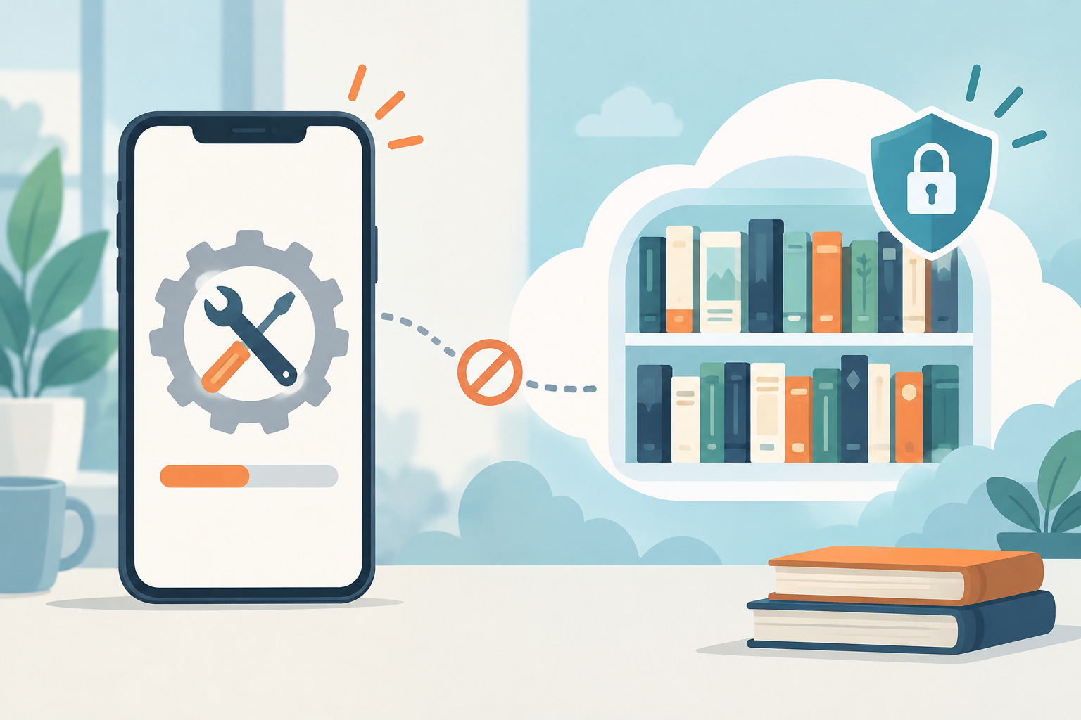 サービス停止中のスマートフォンと電子書籍本棚を表したイメージ画像