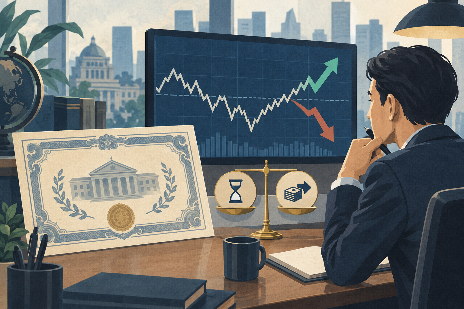 価格変動チャートを見て社債の保有や売却を考える人のイメージイラスト