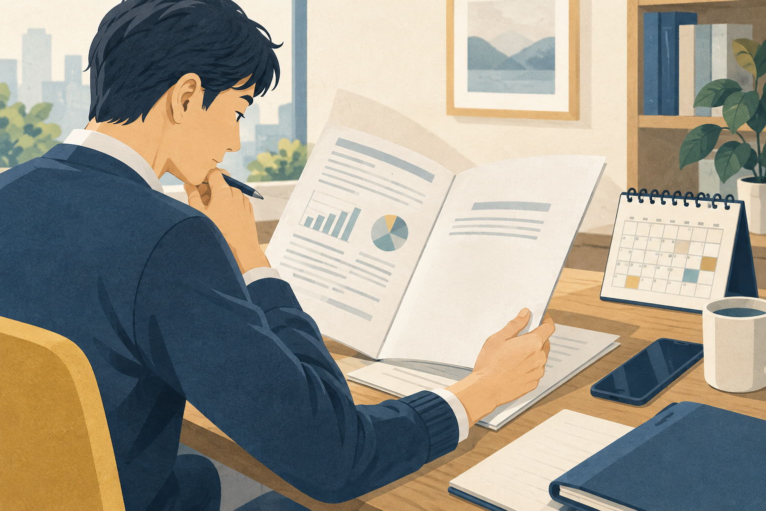 社債の案内資料と申込日程を確認する人のイメージイラスト