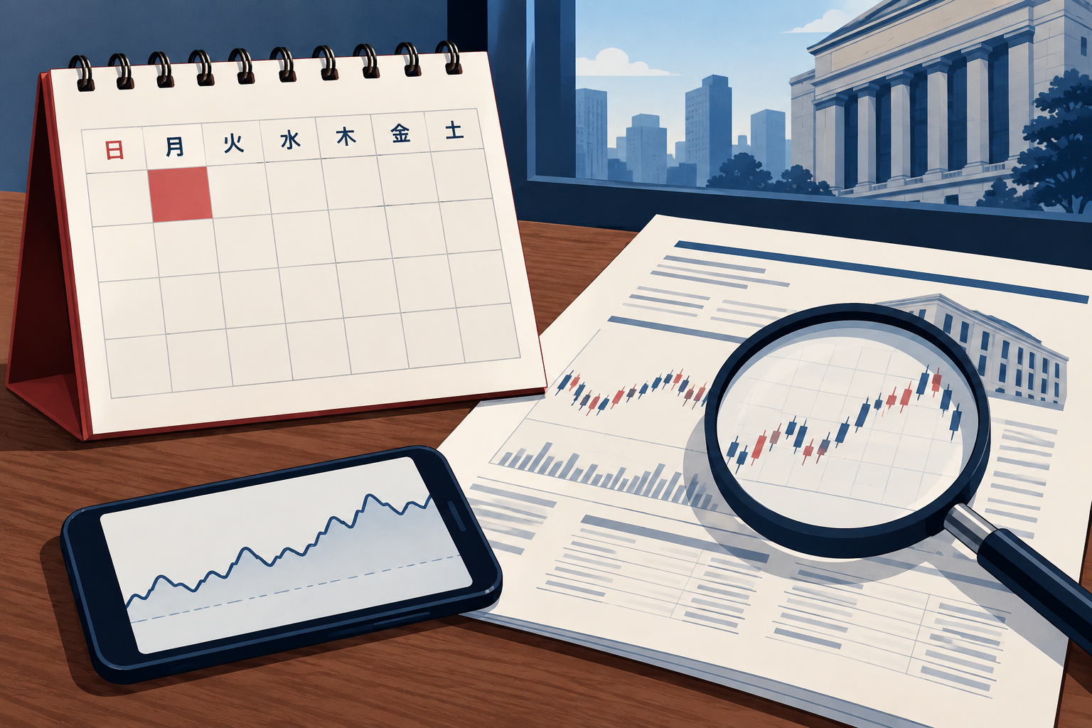 10月19日という日付と株価暴落の予測は別物だと示すカレンダーと市場情報のイラスト