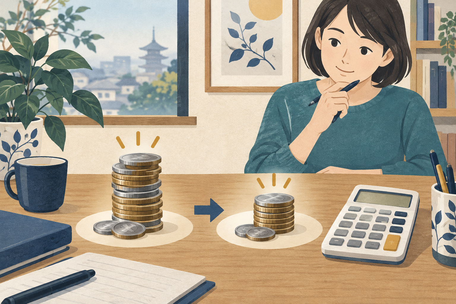 税引前後の利息を計算する人と電卓、硬貨のイメージイラスト