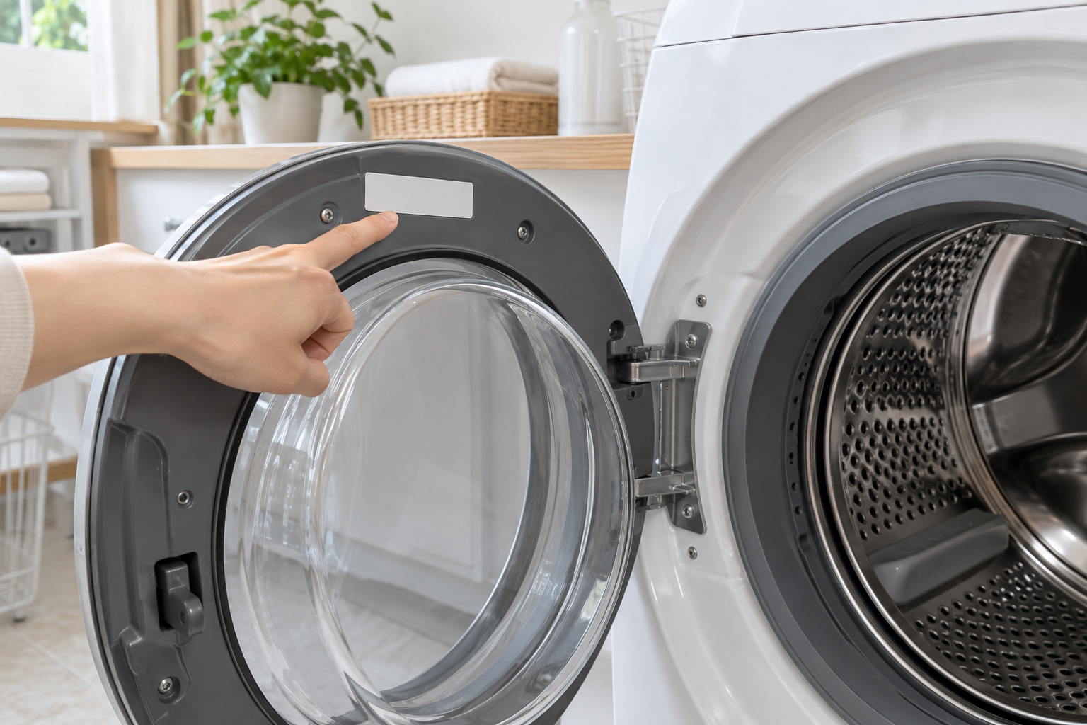 ドア上部の品番ラベルを指しているドラム式洗濯機のイメージ