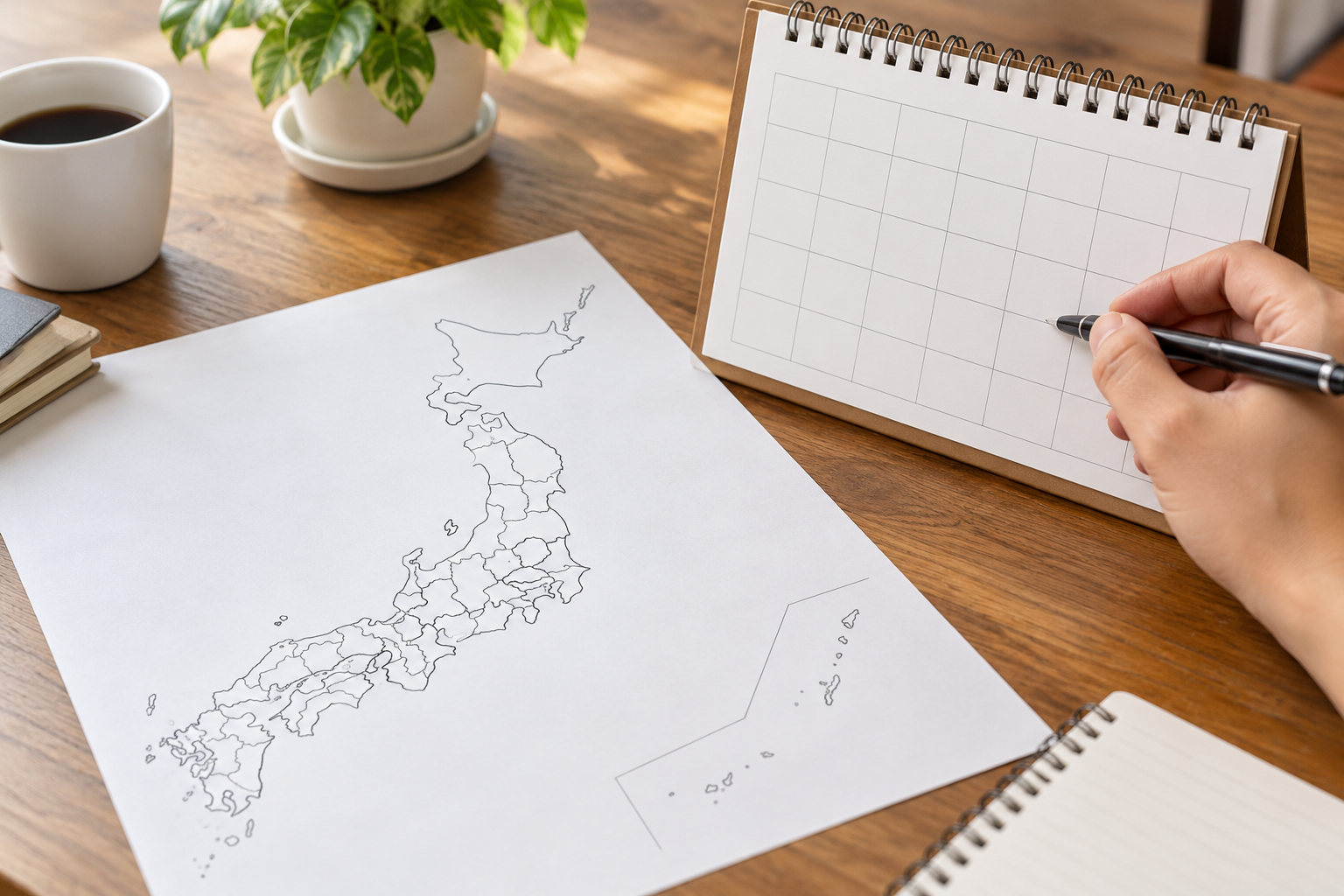日本地図とカレンダーで都道府県ごとの最低賃金の発効日を確認するイメージ