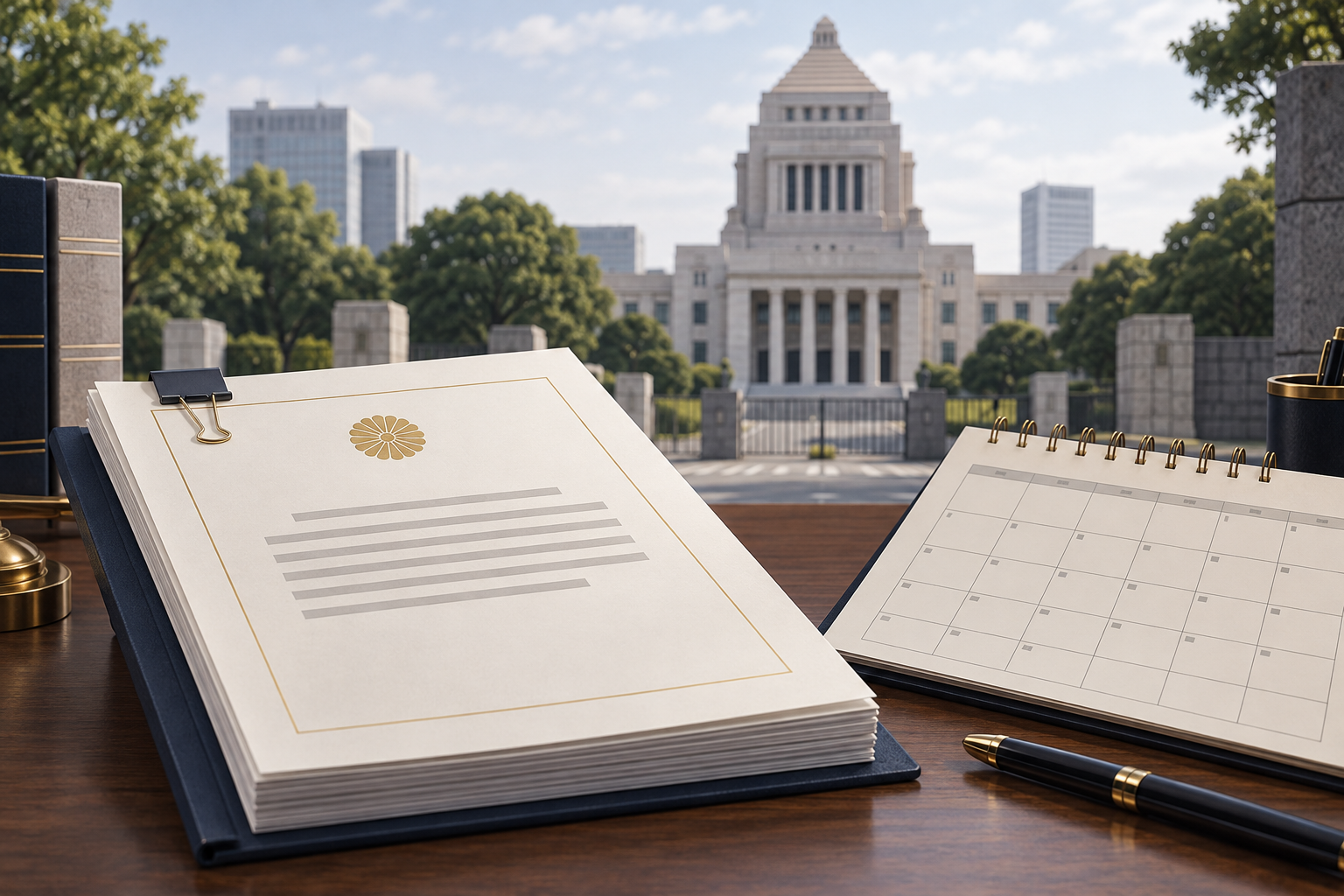 国会議事堂の前に法案書類と審議日程のカレンダーを配置したイラスト