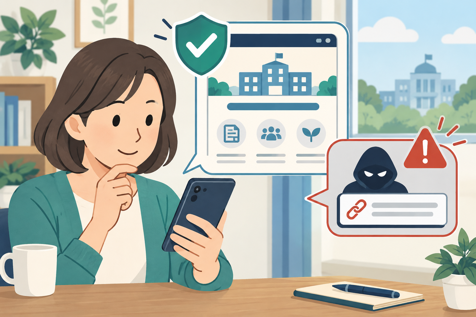 自治体の公式給付情報をスマートフォンで確認し、不審リンクを避ける利用者のイラスト