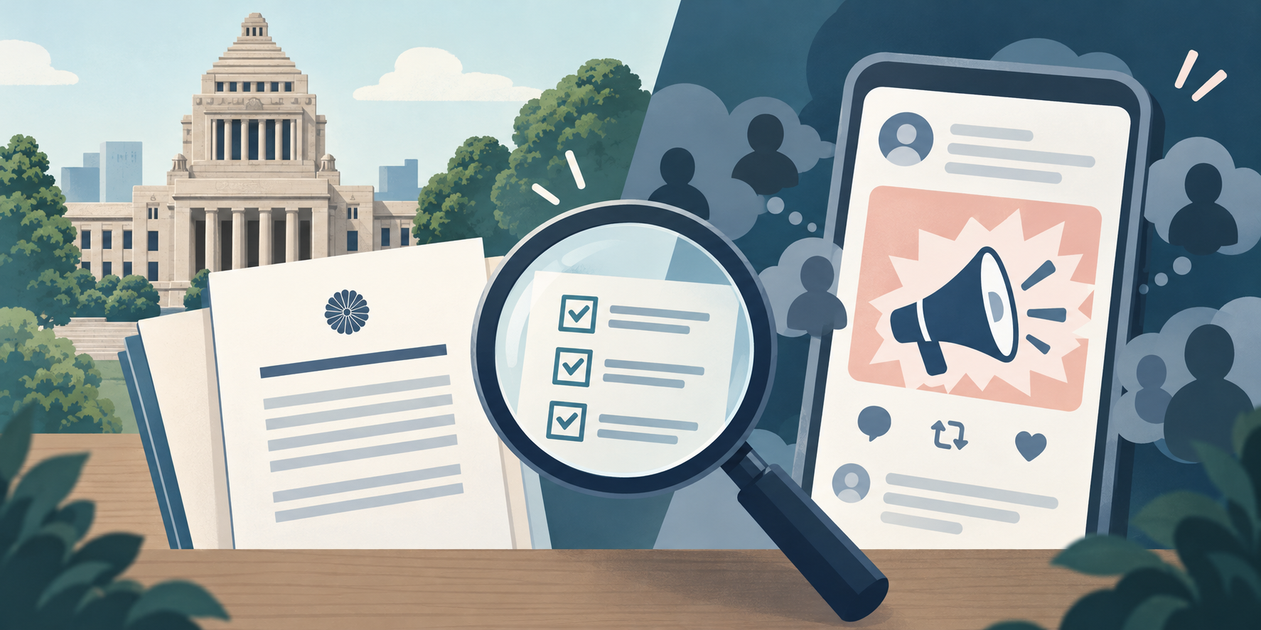 国会の公式資料とSNSの給付金情報を拡大鏡で照合するイラスト