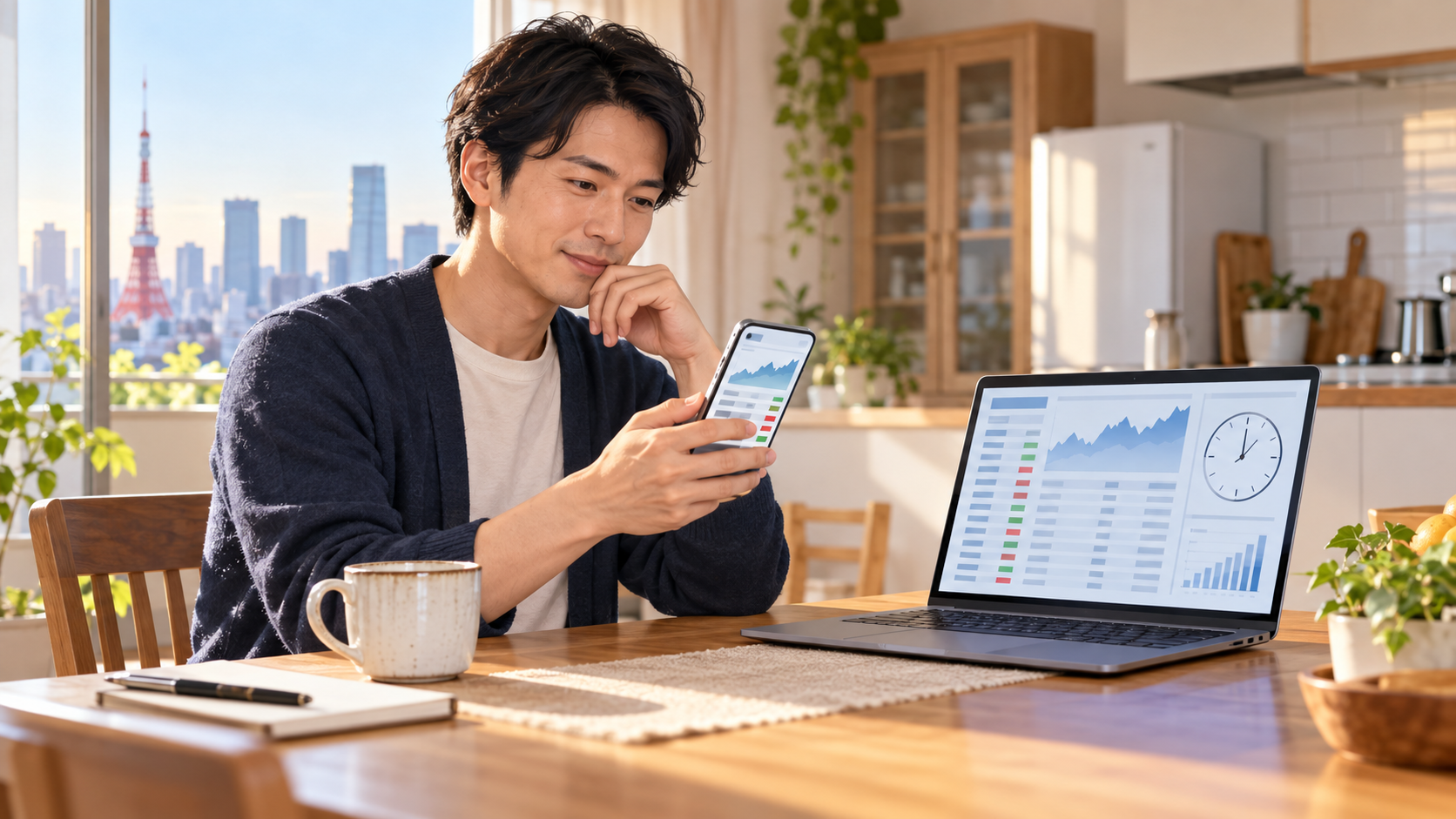 東京市場の開始前にスマートフォンとパソコンで株価情報を確認する様子