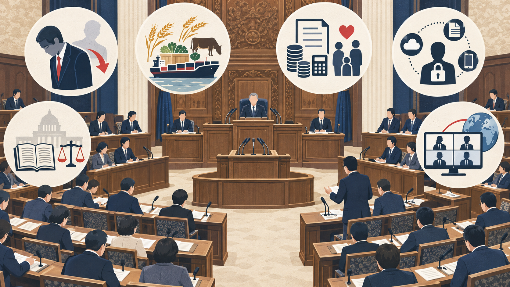 参院予算委員会で取り上げられた6つの論点を表すイメージ（実際の議場写真ではありません）