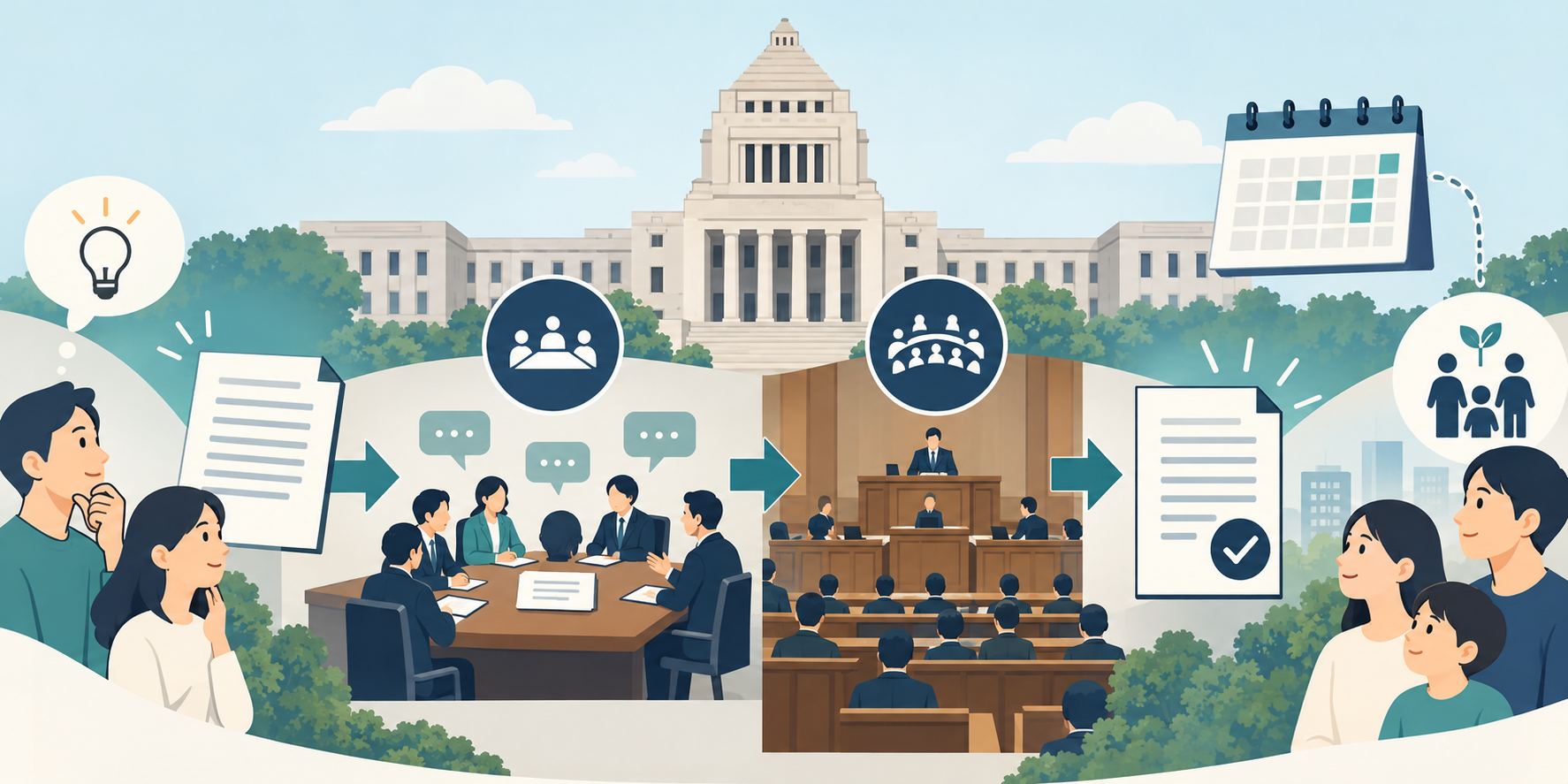 政策案、国会審議、制度決定の段階を示す国会とカレンダーのイラスト