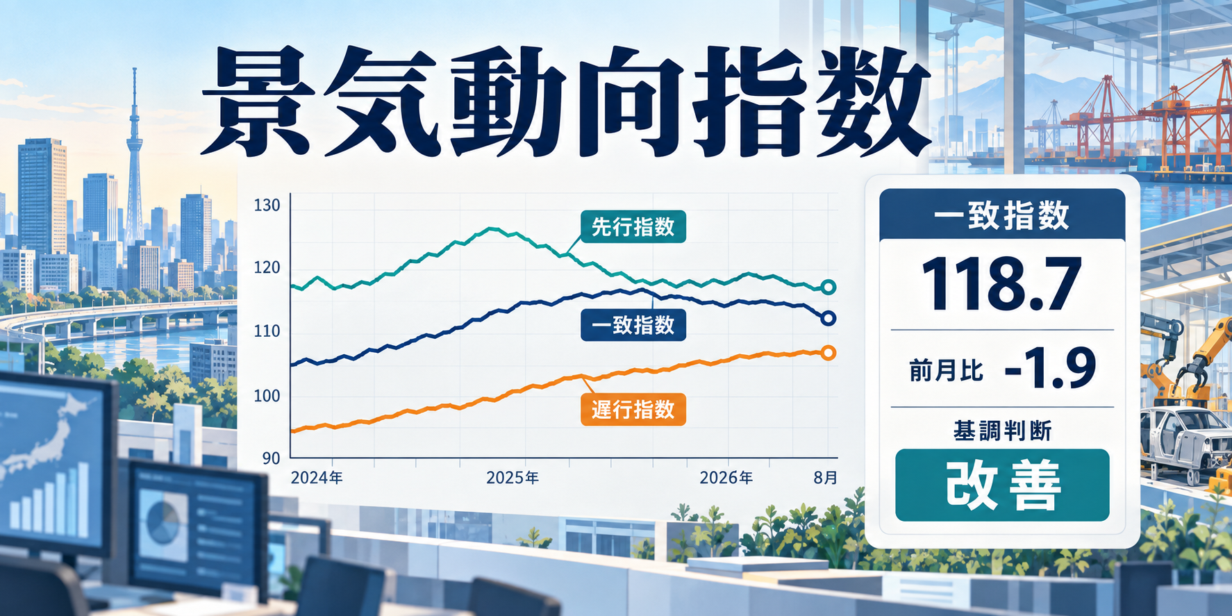 景気動向指数8月は118.7へ低下 6カ月ぶりマイナスでも基調判断「改善」の読み方【2026年10月】