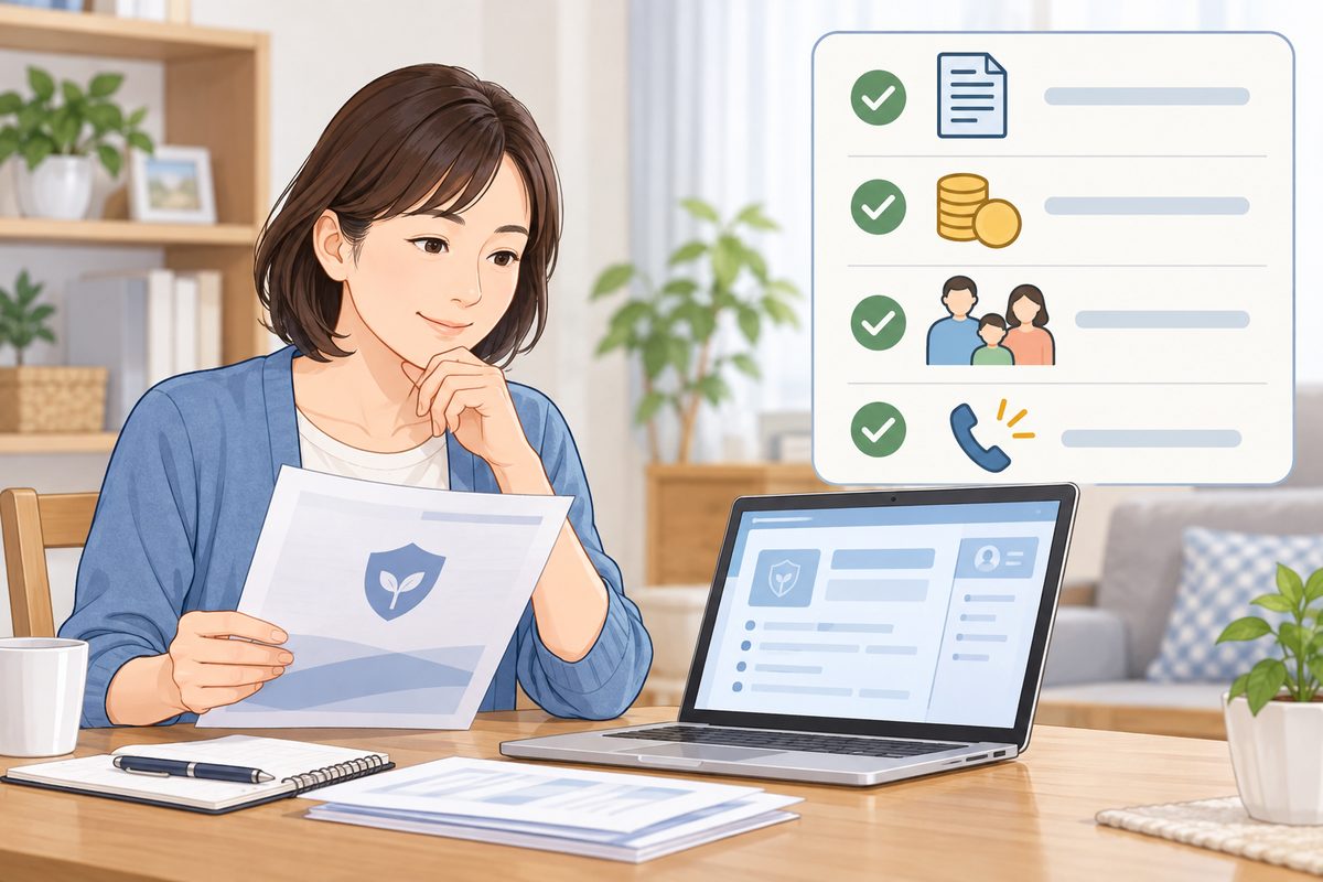保険契約の内容を確認し、契約書と連絡先を整理するイメージ